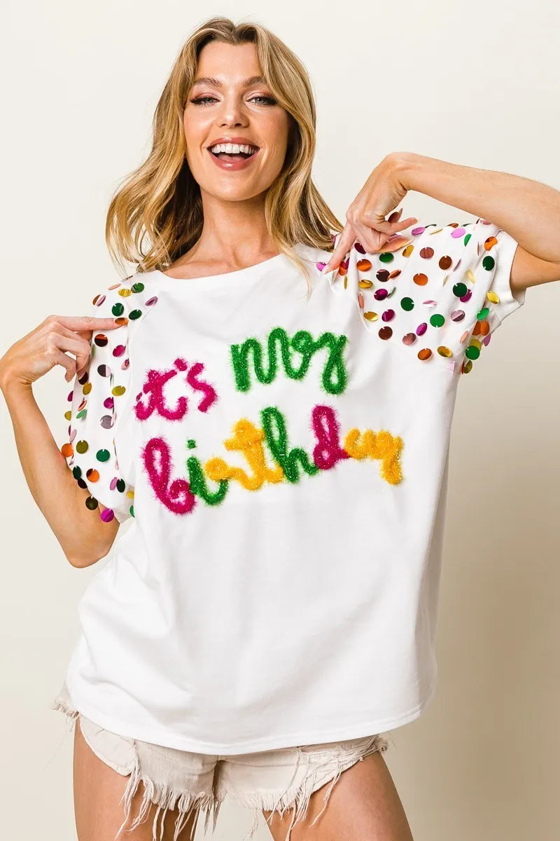 BiBi Metallic Letter Spangle Raglan Puff Sleeve Top Tops