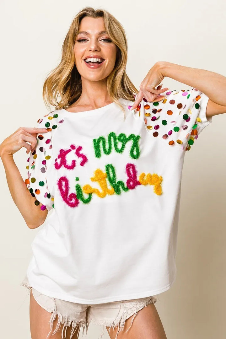 BiBi Metallic Letter Spangle Raglan Puff Sleeve Top Tops