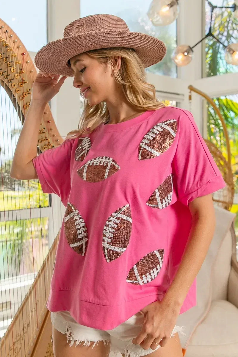 BiBi Game Day Sequins Patched Half Sleeves Top - DAVERRI FASHIONS