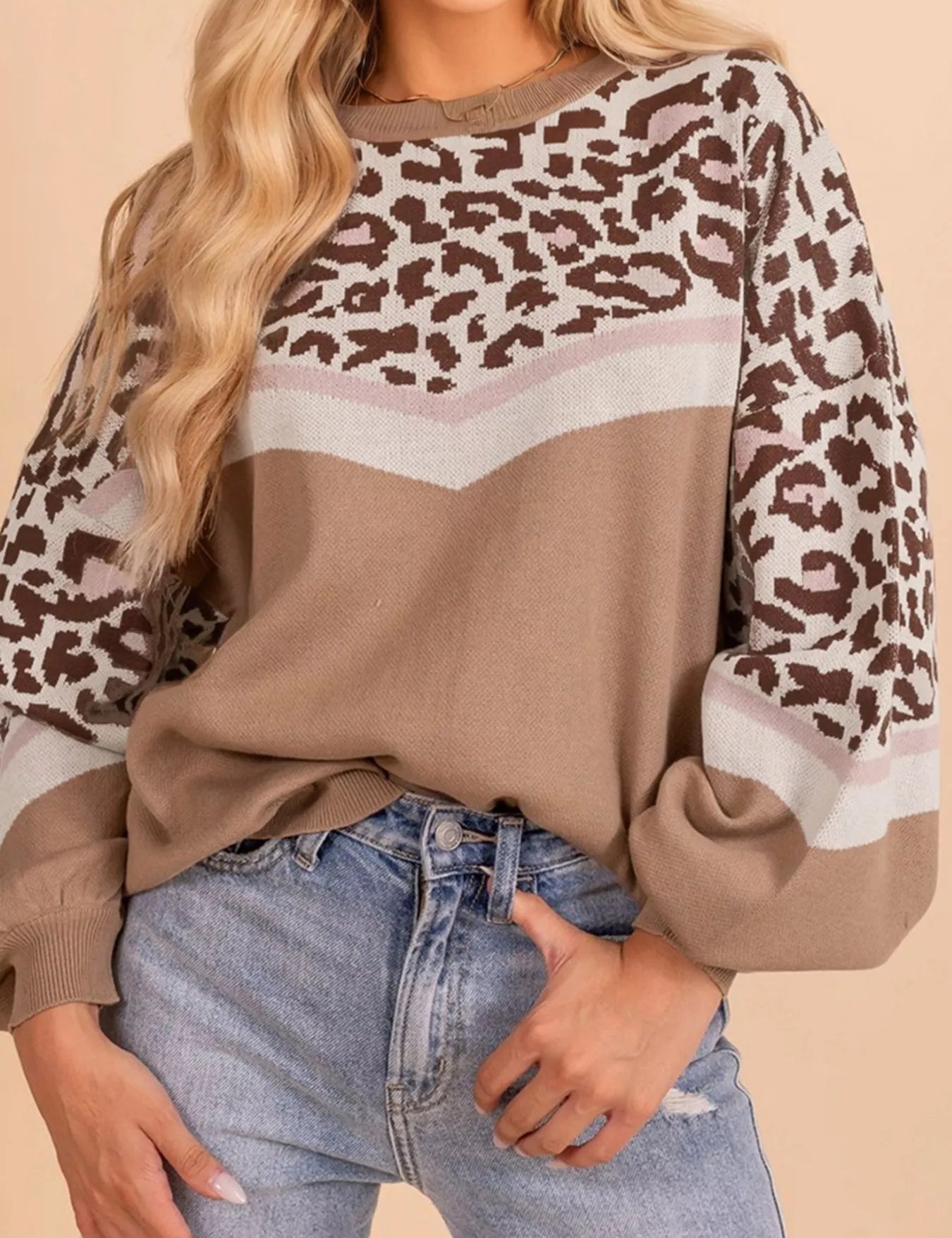 Camel Leopard Color Block Knit Round Neck Baggy Sweater | Sweaters Daverri Fashions
