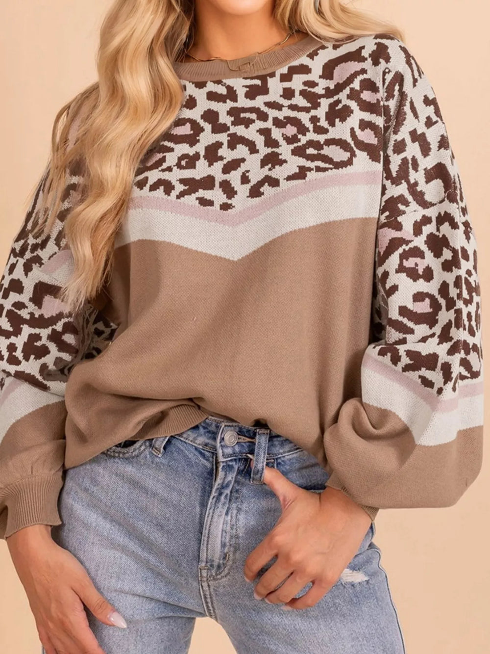 Camel Leopard Color Block Knit Round Neck Baggy Sweater | Sweaters Daverri Fashions
