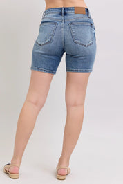 Judy Blue Button Fly Mid Length Denim Shorts W/ Destroy | Shorts Daverri Fashions