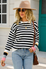 Black Angel Wings Warm Spice Striped Round Neck Sweater | Sweaters Daverri Fashions