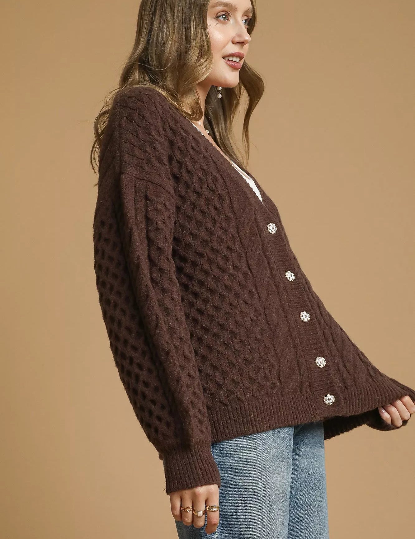 Umgee Cable Knit Pearl Button Cardigan Chocolate | Cardigans Daverri Fashions