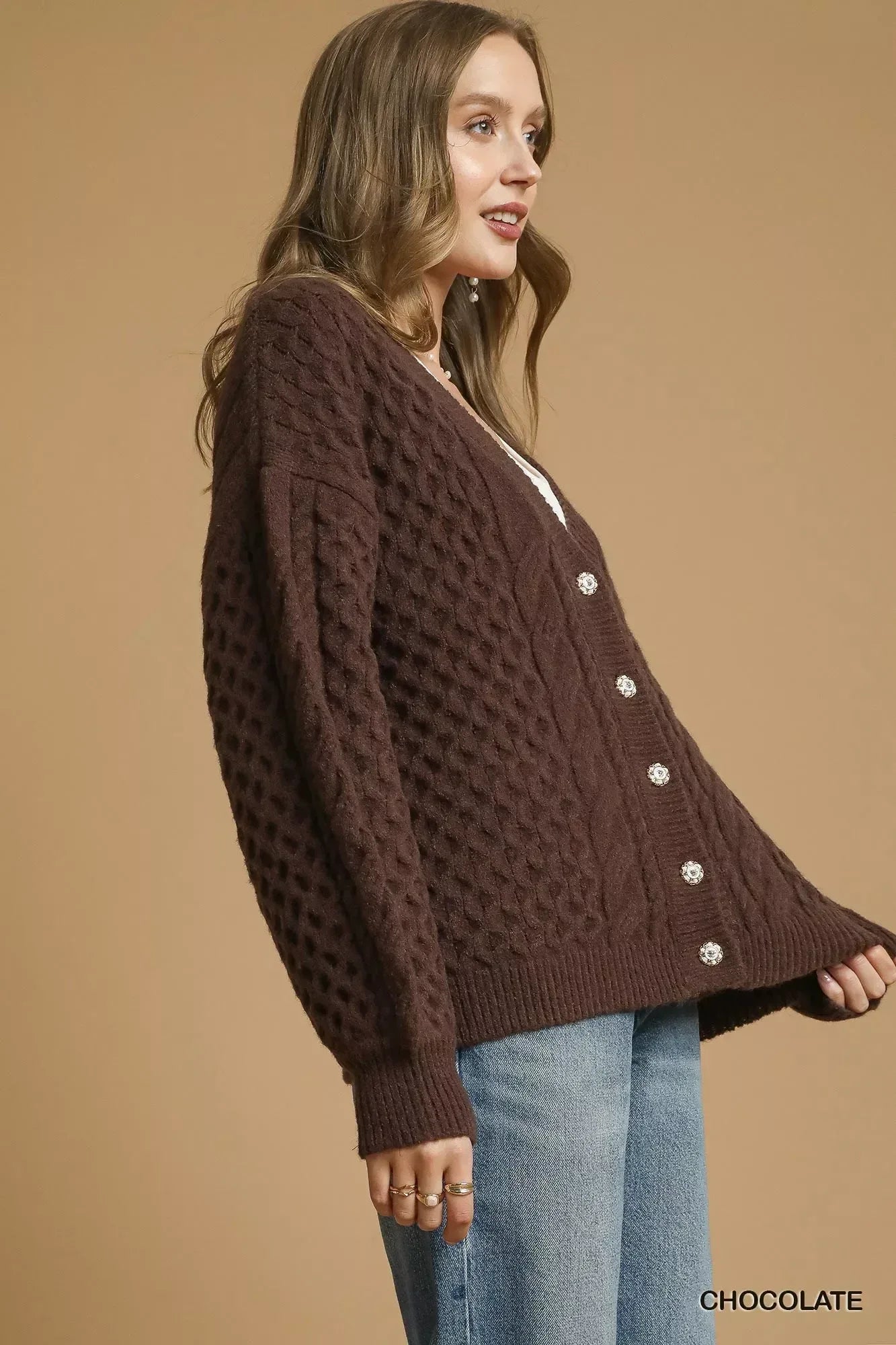 Umgee Cable Knit Pearl Button Cardigan Chocolate - DAVERRI FASHIONS