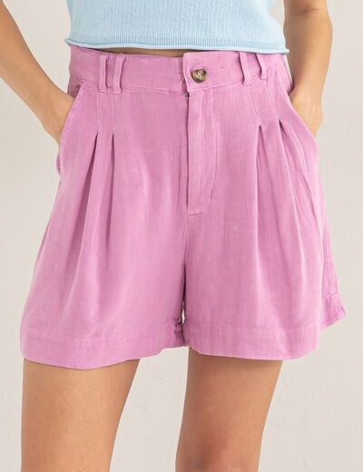 HYFVE High Waist Pleated Linen Shorts Pink S