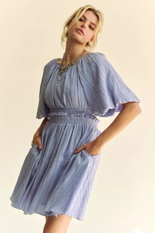 Davi & Dani Back Button Puff Sleeve Mini Dress - DAVERRI FASHIONS