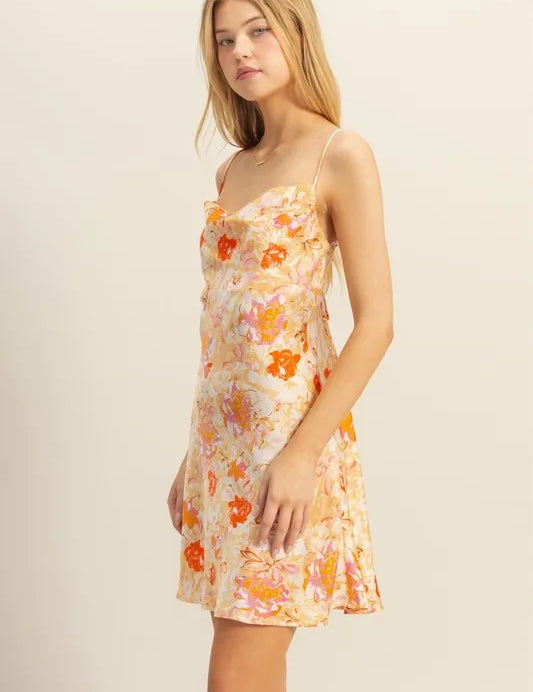 HYFVE Floral Cowl Neck Flirty Satin Mini Dress | Daverri Fashions