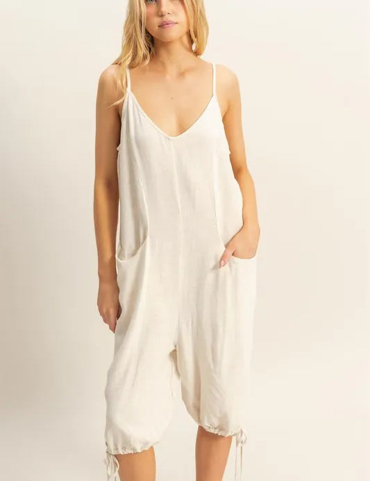 OATMEAL S HYFVE V-Neck Pocket Detail Side Tie Hem Romper | Rompers Daverri Fashions