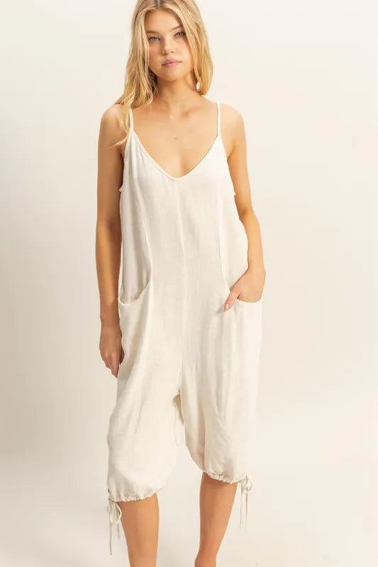 HYFVE V-Neck Pocket Detail Side Tie Hem Romper OATMEAL Rompers