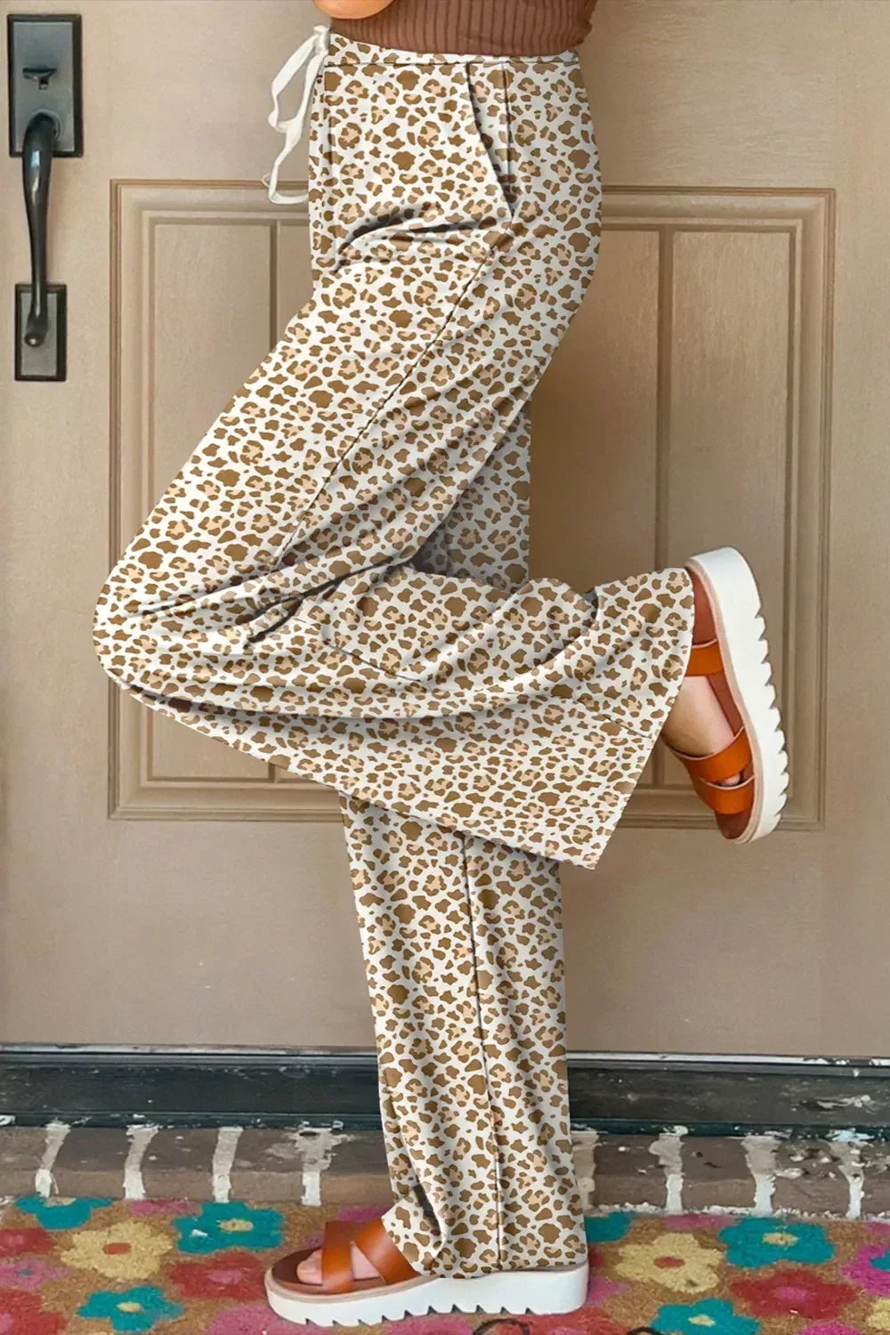 Leopard Drawstring Elastic Waistband Loose Pants - DAVERRI FASHIONS