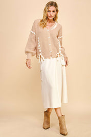 Davi & Dani Lace-Up Ribbon Bow Button Down Cardigan Tops