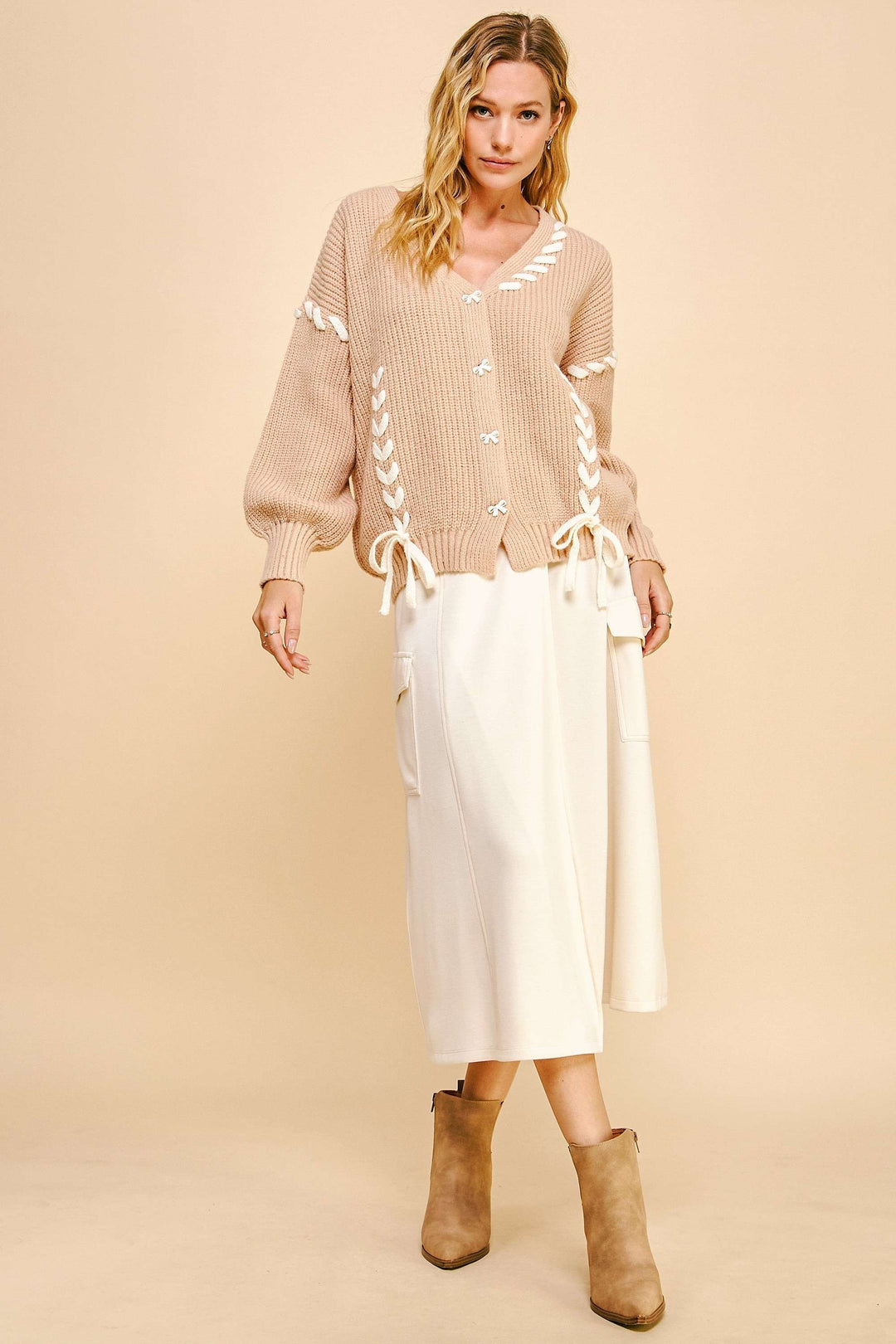 Davi & Dani Lace-Up Ribbon Bow Button Down Cardigan Tops