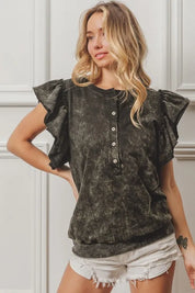 BiBi Mineral Washed Terry Top Charcoal Black | Tops Daverri Fashions