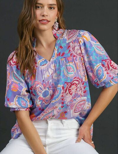 Umgee Full Size Mixed Print Notched Puff Sleeve Blouse Plus Size LAVENDER MIX