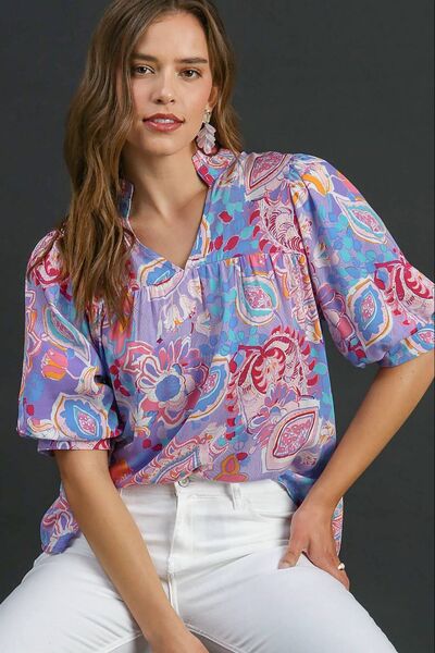 Umgee Full Size Mixed Print Notched Puff Sleeve Blouse Plus Size LAVENDER MIX