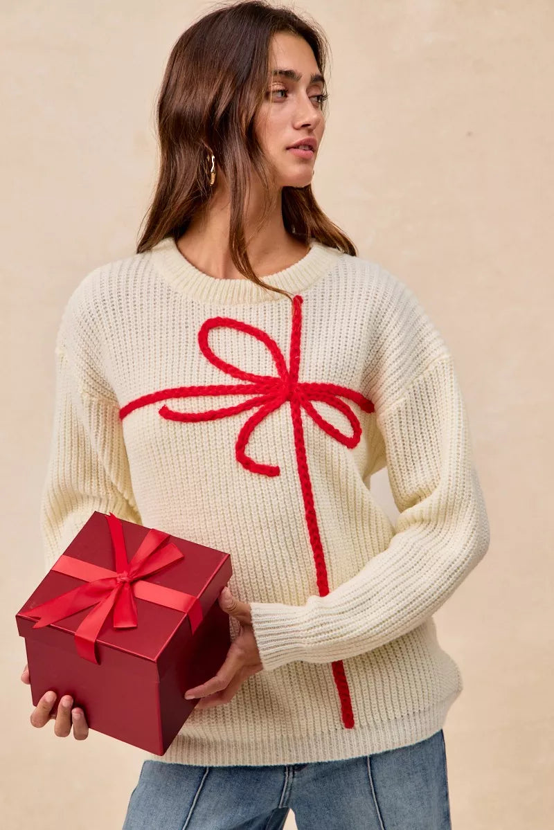 BiBi Christmas Ribbon Bow Embroidery Sweater | Sweaters Daverri Fashions