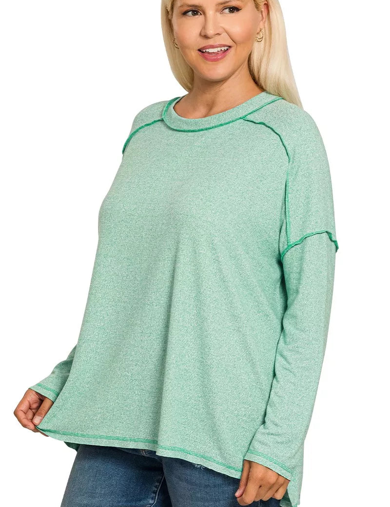 Zenana Full Size Melange Hacci Exposed Seam Hi-low Tee Plus Size | Daverri Fashions