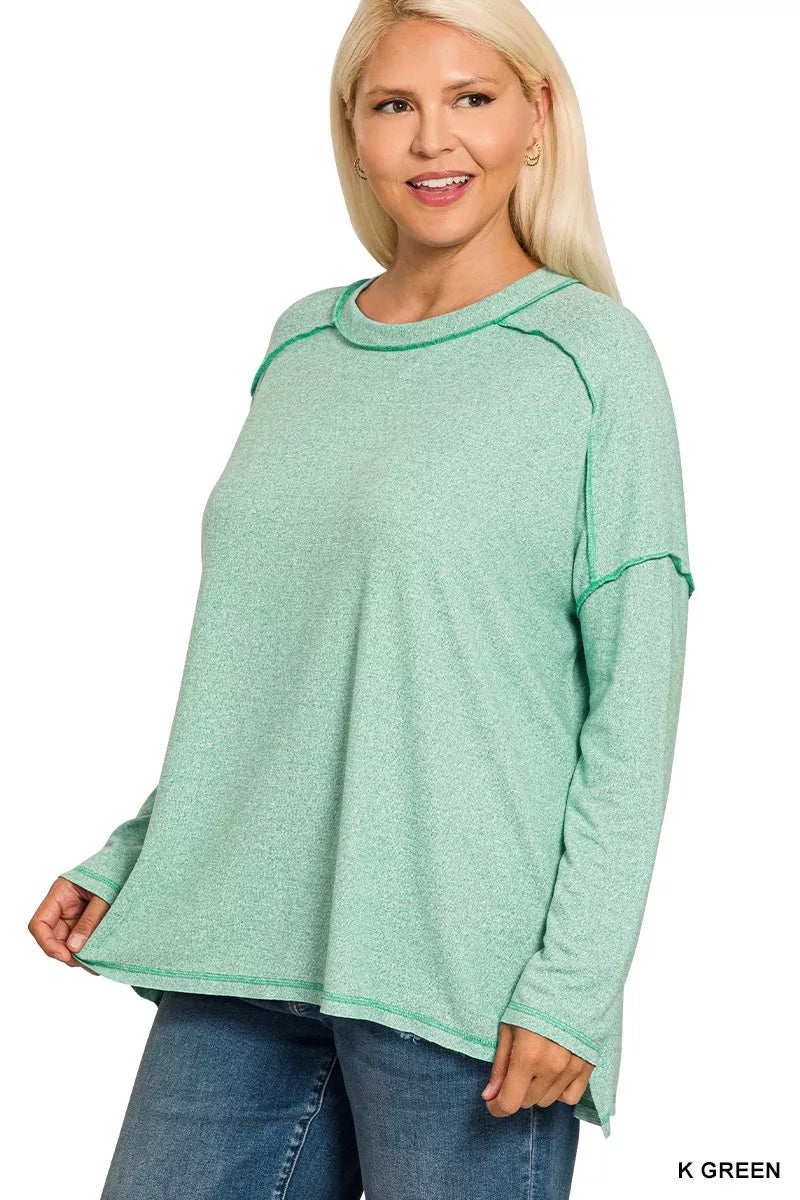 Zenana Full Size Melange Hacci Exposed Seam Hi-low Tee Plus Size | Daverri Fashions