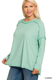 Zenana Full Size Melange Hacci Exposed Seam Hi-low Tee Plus Size | Daverri Fashions