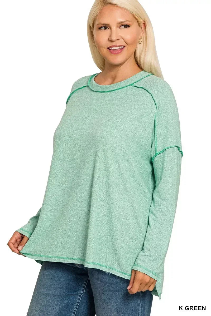 Zenana Full Size Melange Hacci Exposed Seam Hi-low Tee Plus Size - DAVERRI FASHIONS