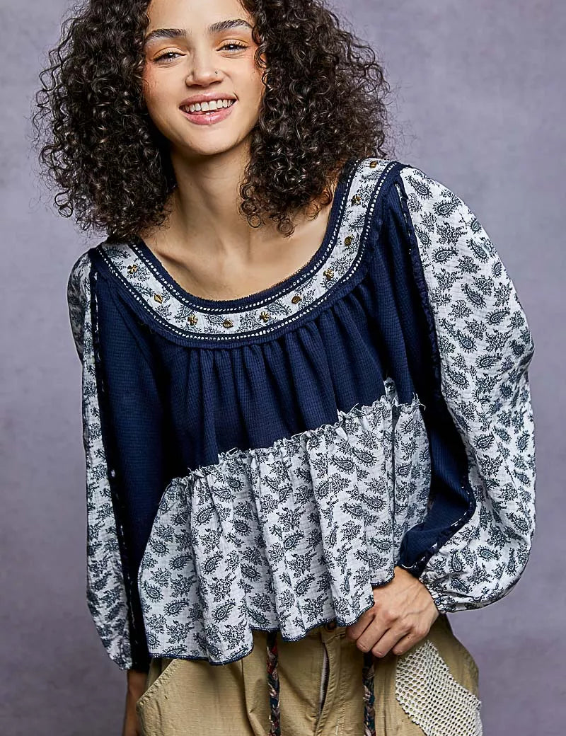 INDIGO POL Paisley Scoop Neck Balloon Sleeve Cropped Blouse with Stud Detail | Daverri Fashions
