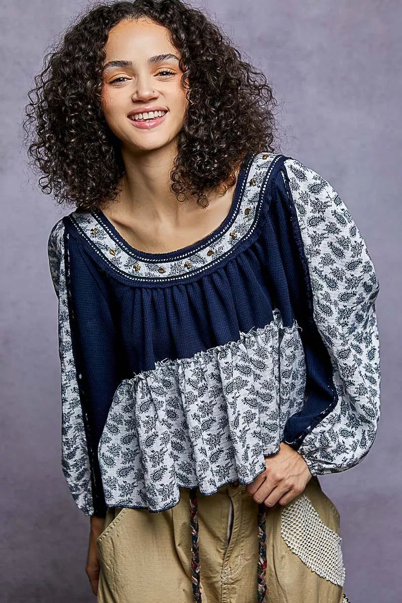 INDIGO POL Paisley Scoop Neck Balloon Sleeve Cropped Blouse with Stud Detail | Daverri Fashions