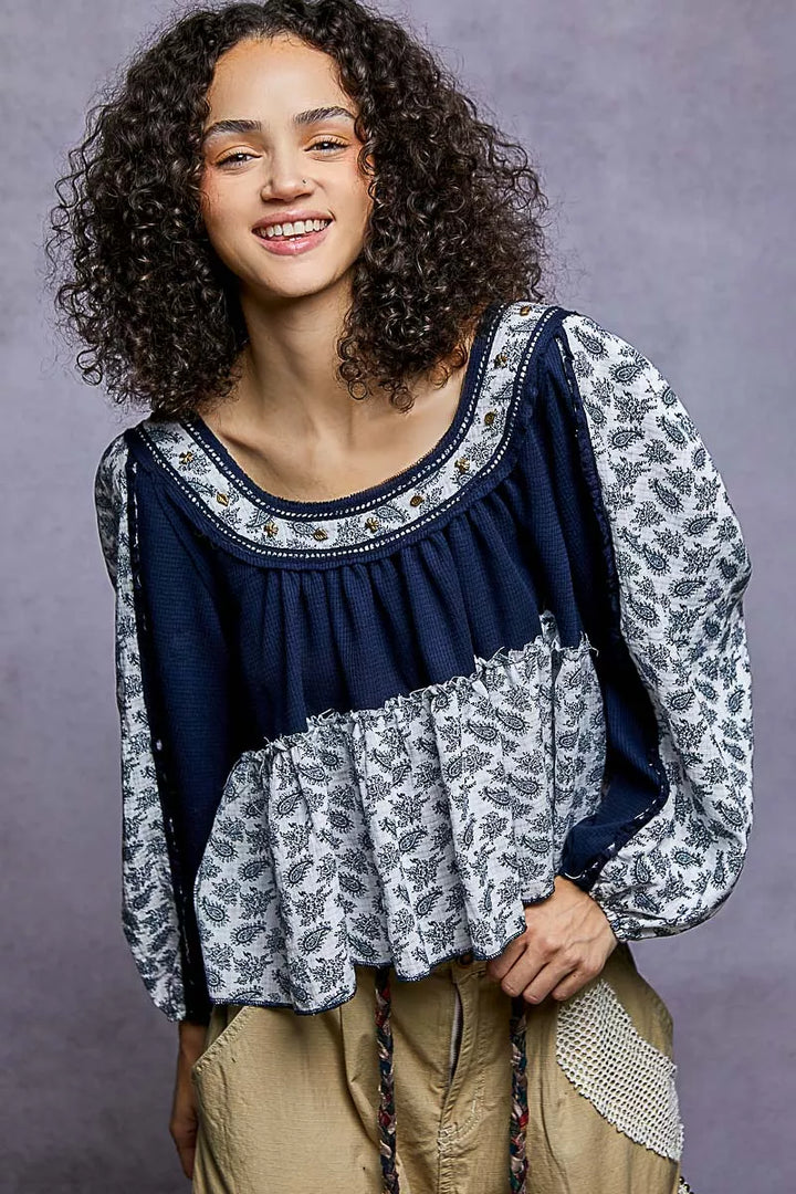 INDIGO POL Paisley Scoop Neck Balloon Sleeve Cropped Blouse with Stud Detail | Daverri Fashions