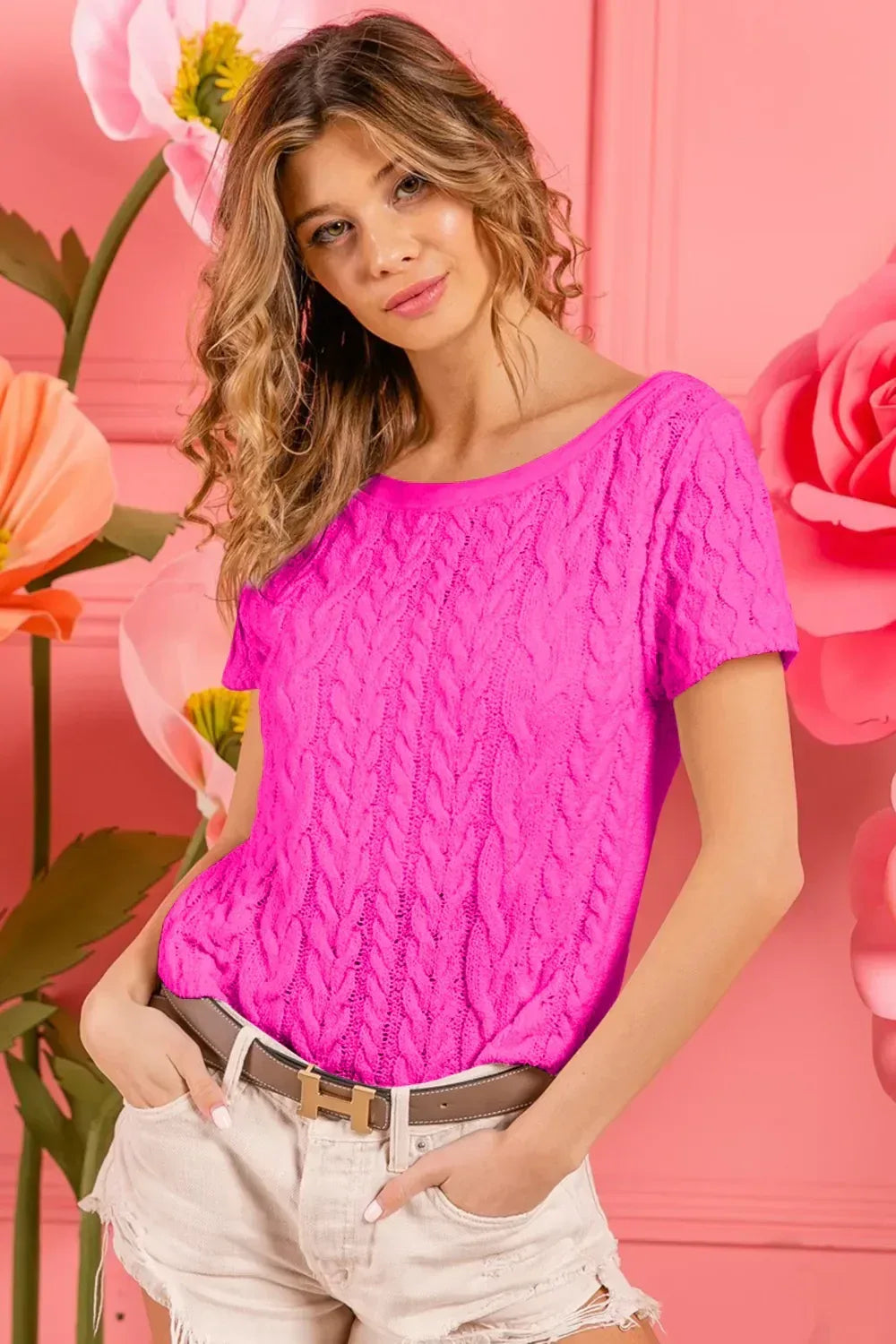 BiBi Cable Knit Short Sleeve Sweater - DAVERRI FASHIONS