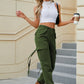 High-waisted olive green cargo pocket jeans with drawstring waistband