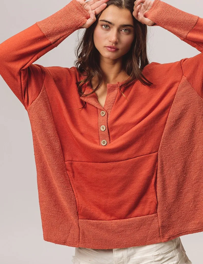 BiBi French Terry Knit Side Block Buttoned Henley Top | Knit Tops Daverri Fashions