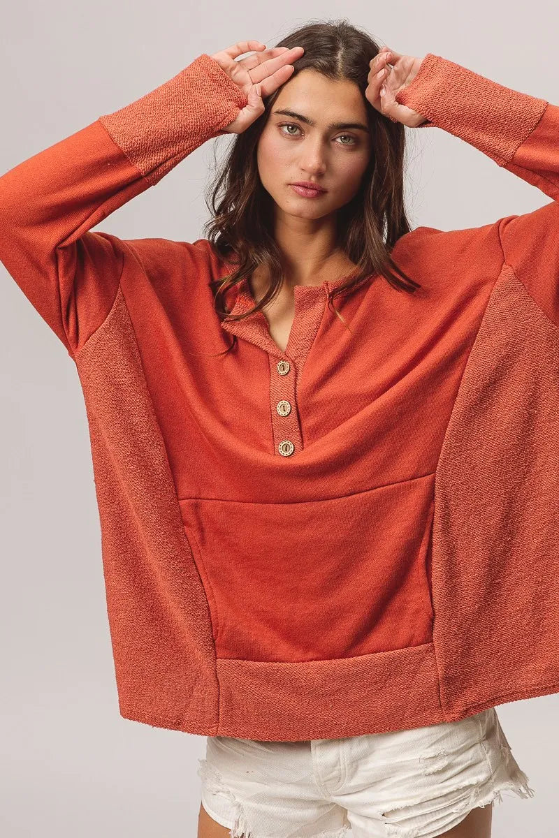 BiBi French Terry Knit Side Block Buttoned Henley Top | Knit Tops Daverri Fashions