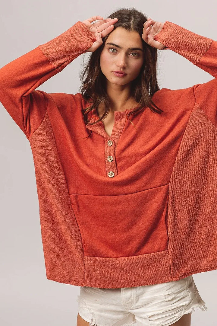 BiBi French Terry Knit Side Block Buttoned Henley Top | Knit Tops Daverri Fashions