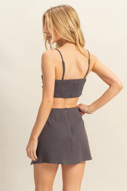HYFVE Charcoal Ruched Bra Top and Mini Skirt Set Skirt Sets