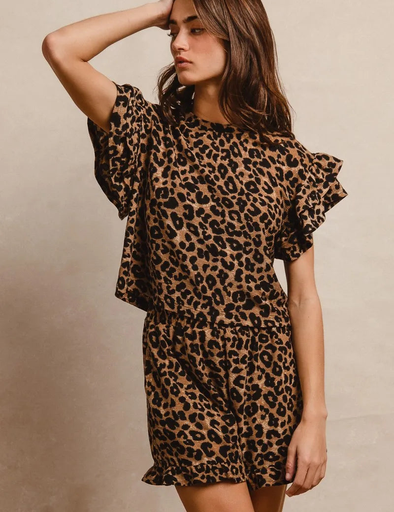 BiBi leopard print waffle texture ruffle sleeve top and shorts set