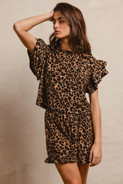 BiBi leopard print waffle texture ruffle sleeve top and shorts set