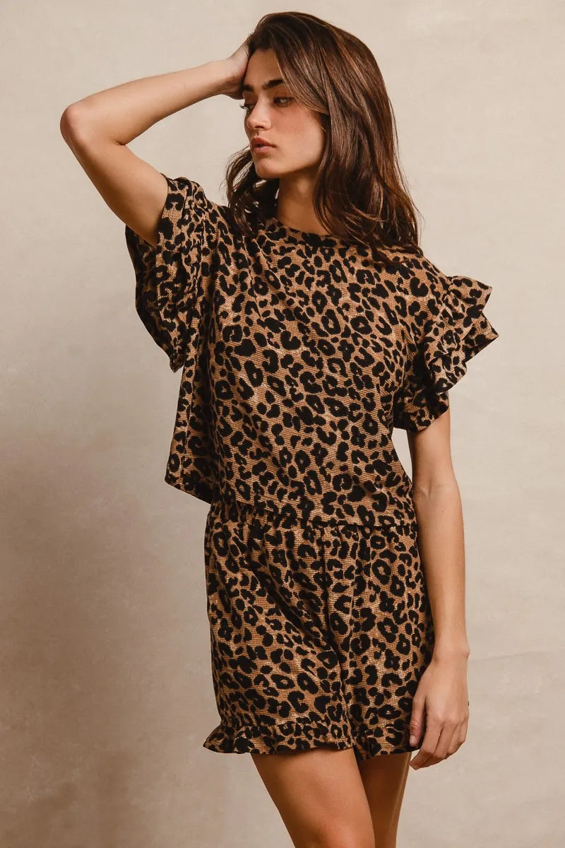 BiBi leopard print waffle texture ruffle sleeve top and shorts set