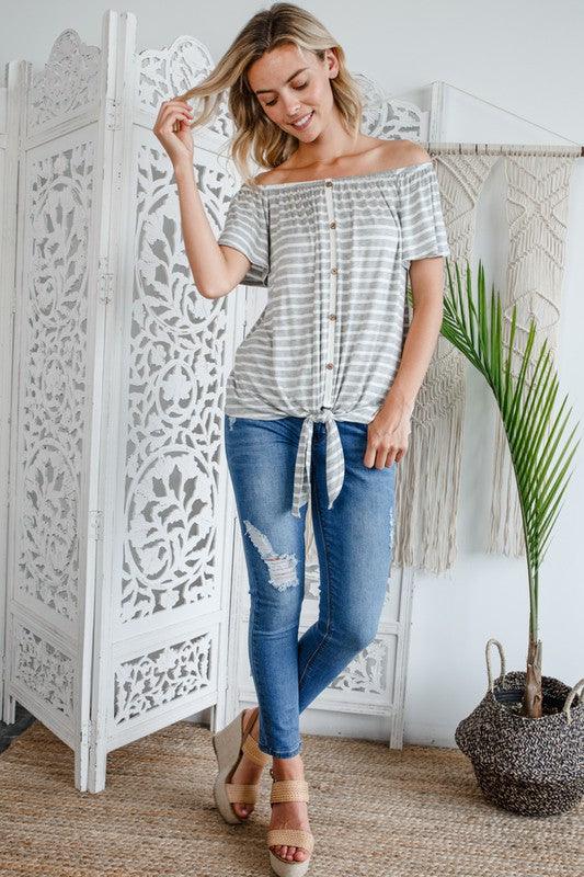 STRIPE OFF SHOULDER BUTTON DOWN TOP Shirts & Tops