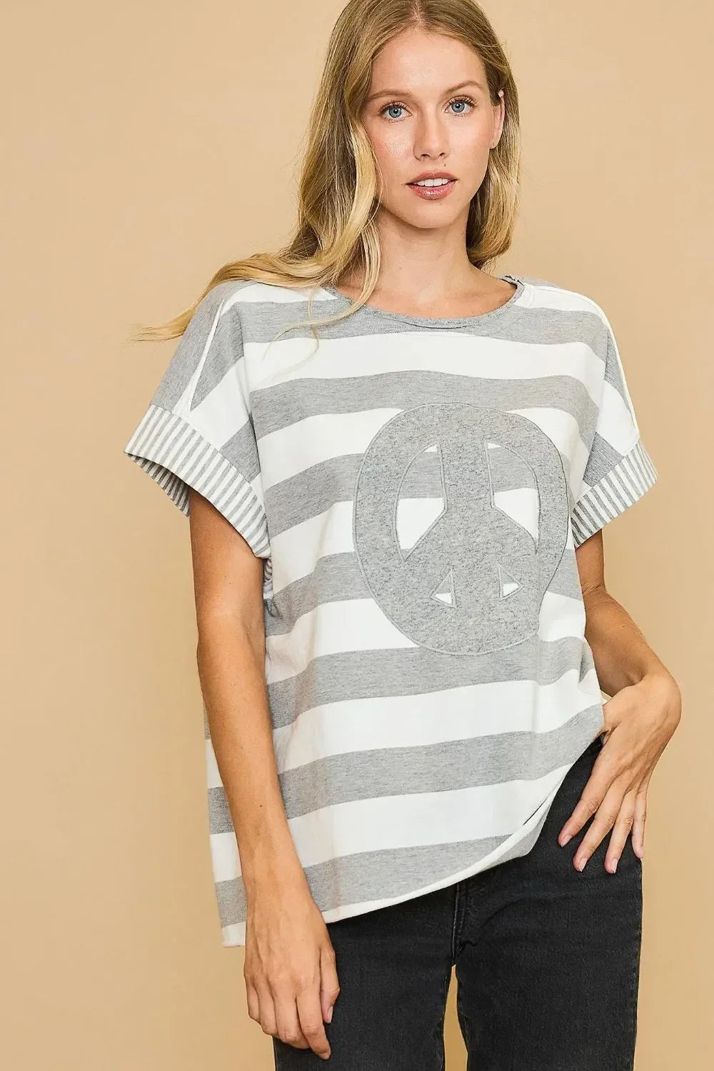 Umgee Peace Sign Patch Striped French Terry T-Shirt - DAVERRI FASHIONS