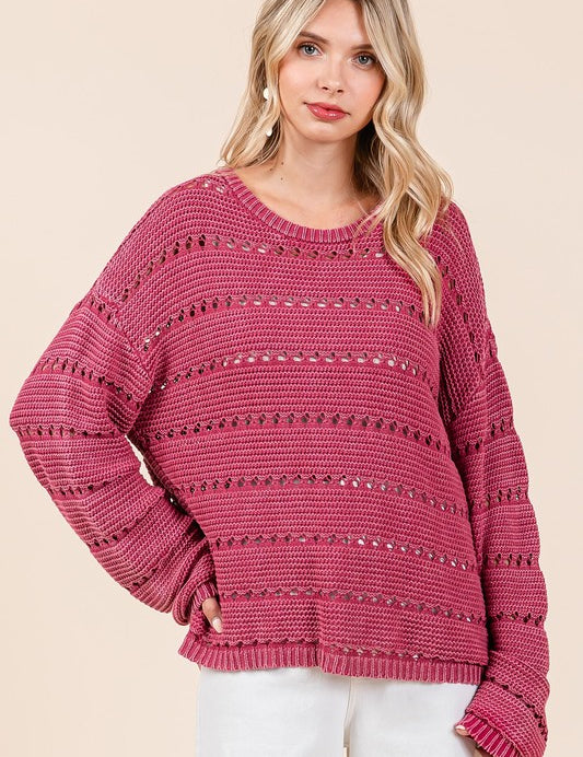 Mittoshop Openwork Round Neck Drop Shoulder Sweater Tops