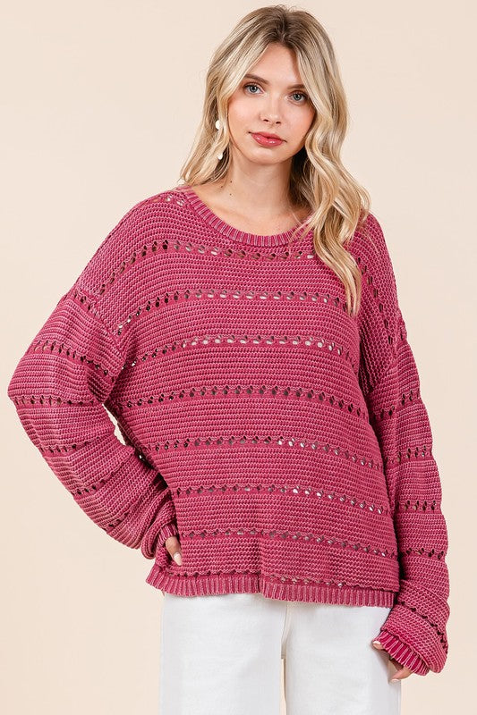 Mittoshop Openwork Round Neck Drop Shoulder Sweater Tops