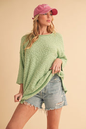 Aemi + Co Side Slit Ribbed Hem Round Neck Sweater Lime