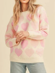 Watermelon pink Heart Ribbed Hem Long Sleeve Sweater | Sweaters Daverri Fashions