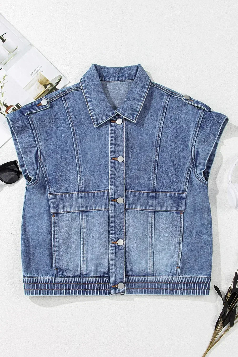 Button Up Cap Sleeve Denim Jacket - DAVERRI FASHIONS