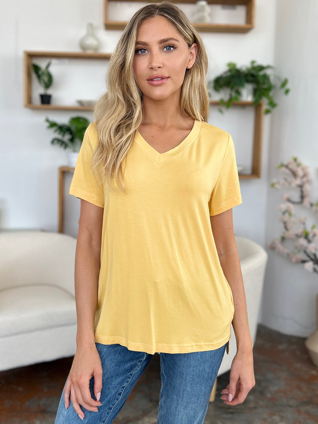 Bamboo Full Size V-Neck High-Low T-Shirt Tops