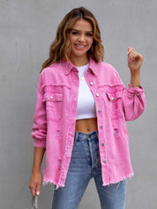 Fuchsia Pink Distressed Drop Shoulder Denim Jacket | Denim Jackets Daverri Fashions