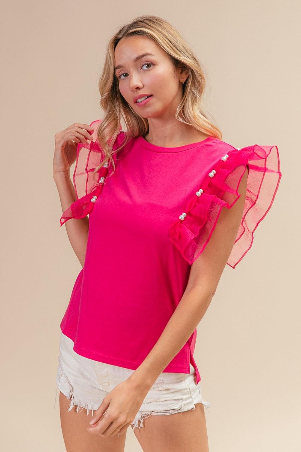 BiBi Pearl Decor Mesh Ruffle Sleeve Top Shirts & Tops