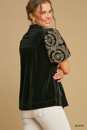 Umgee Full Size Velvet Embroidered Sleeve Blouse | Blouses Daverri Fashions