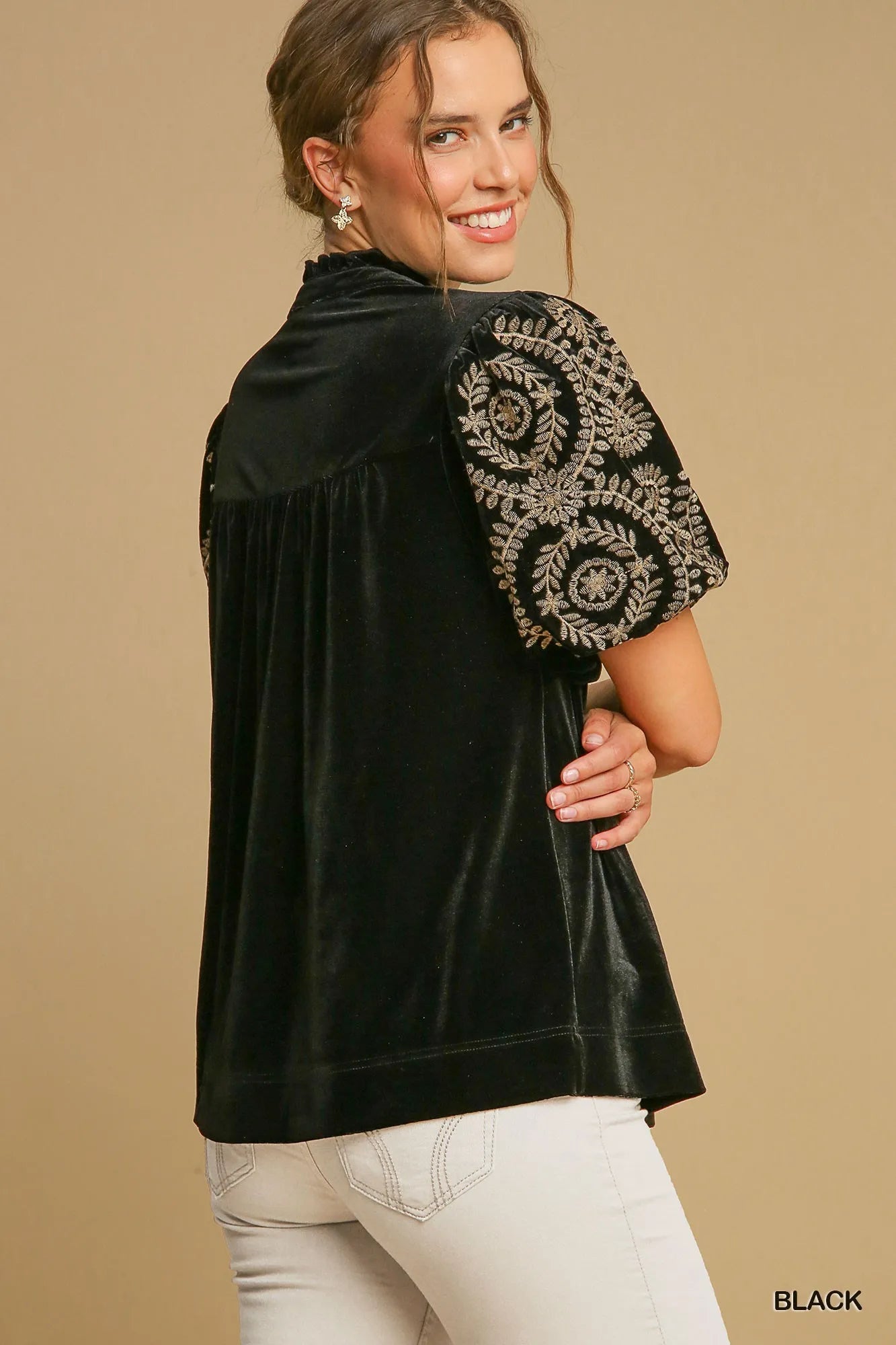 Umgee Full Size Velvet Embroidered Sleeve Blouse Blouses