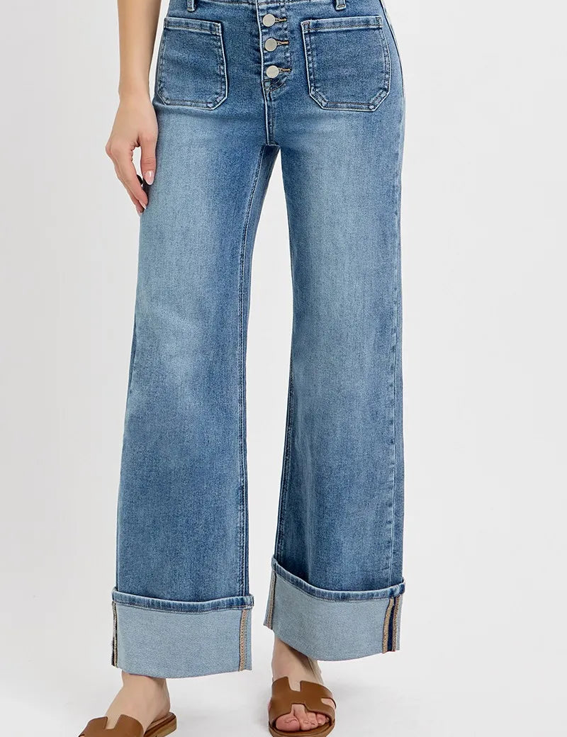 RISEN High Rise Ankle Wide Button Patch Pocket Cuffed Jeans | Jeans Daverri Fashions